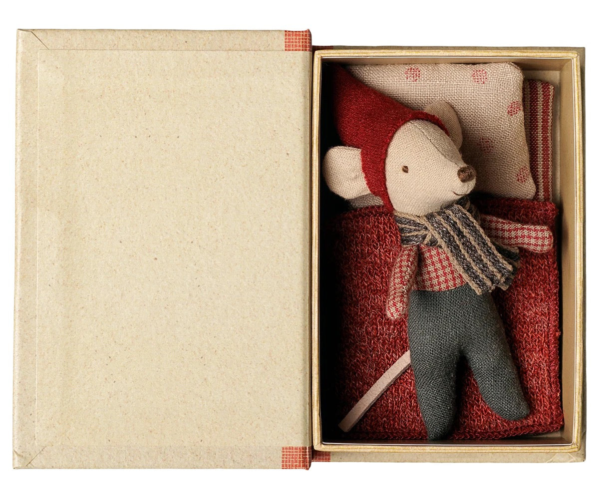 Maileg - Christmas Baby Mouse in book.