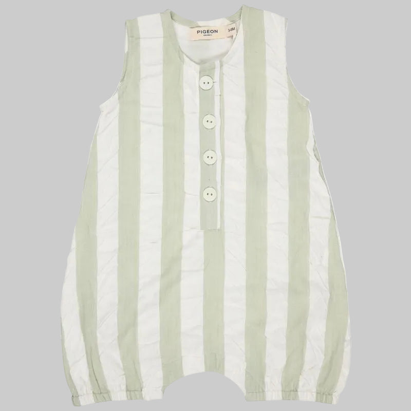 S/S26 Baby All-In-One. Seersucker, wide stripe. Sea Foam.