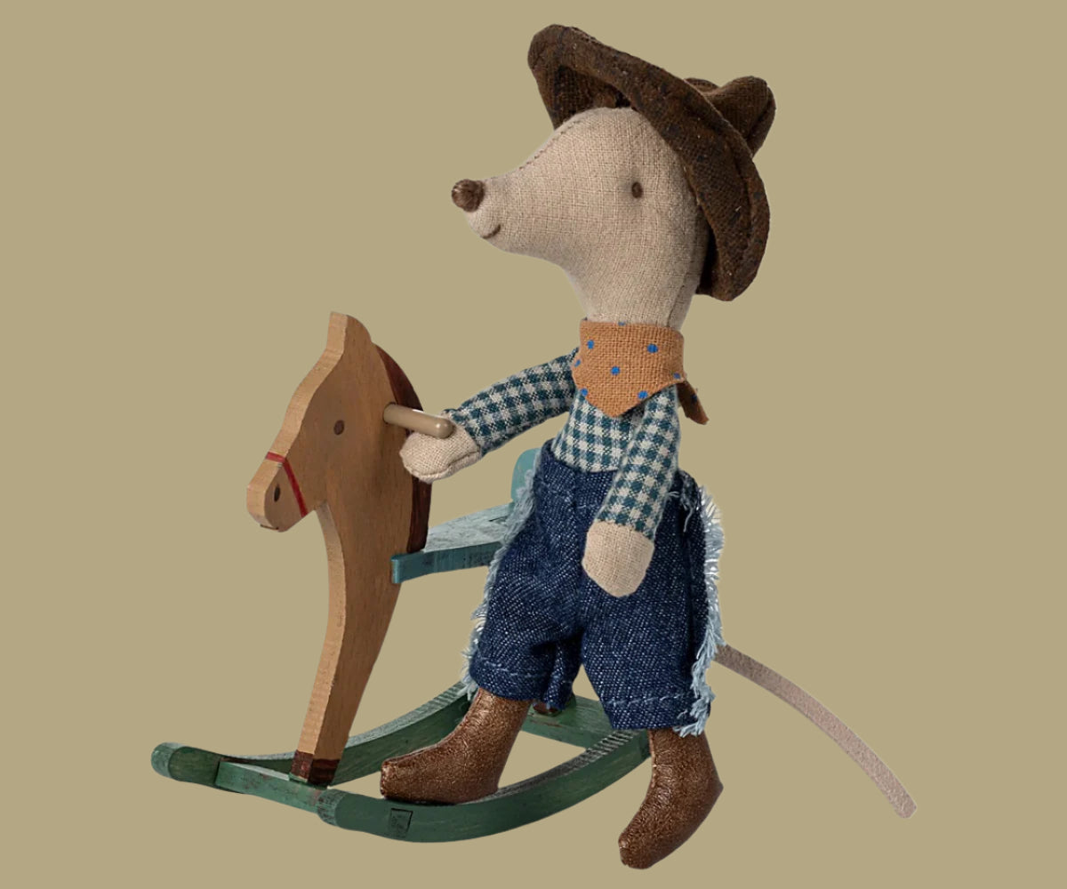 Maileg Cowboy Mouse on rocking horse. Little Brother.