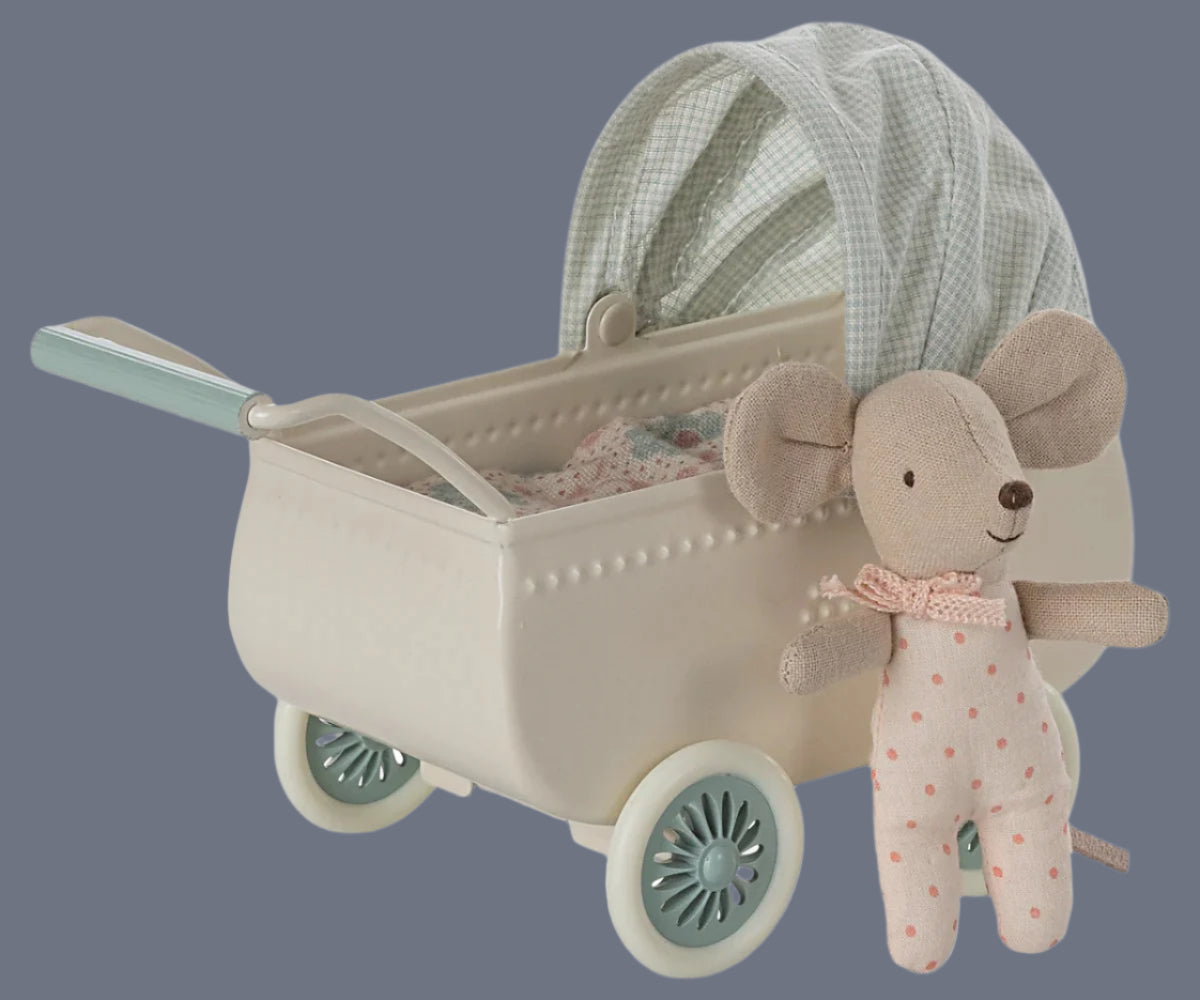 Maileg pram with baby mouse.