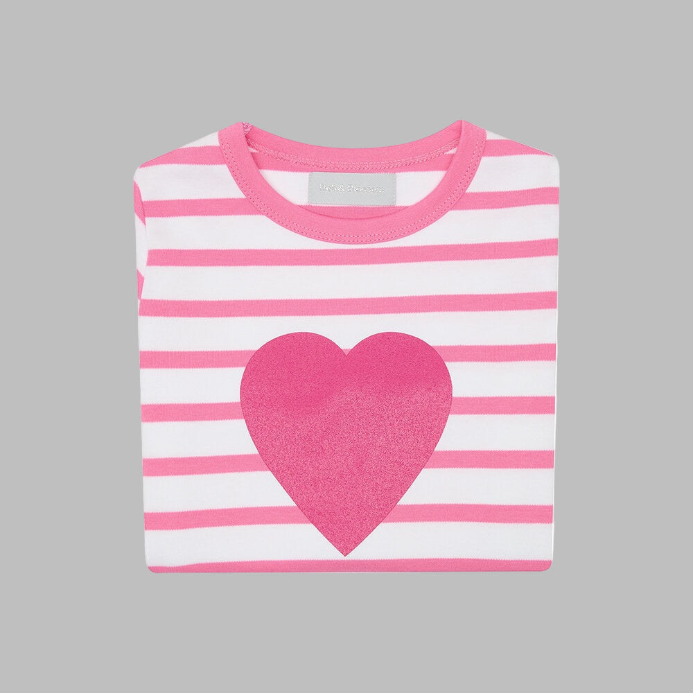 Hot Pink and White Breton Striped Love Heart T.Shirt.
