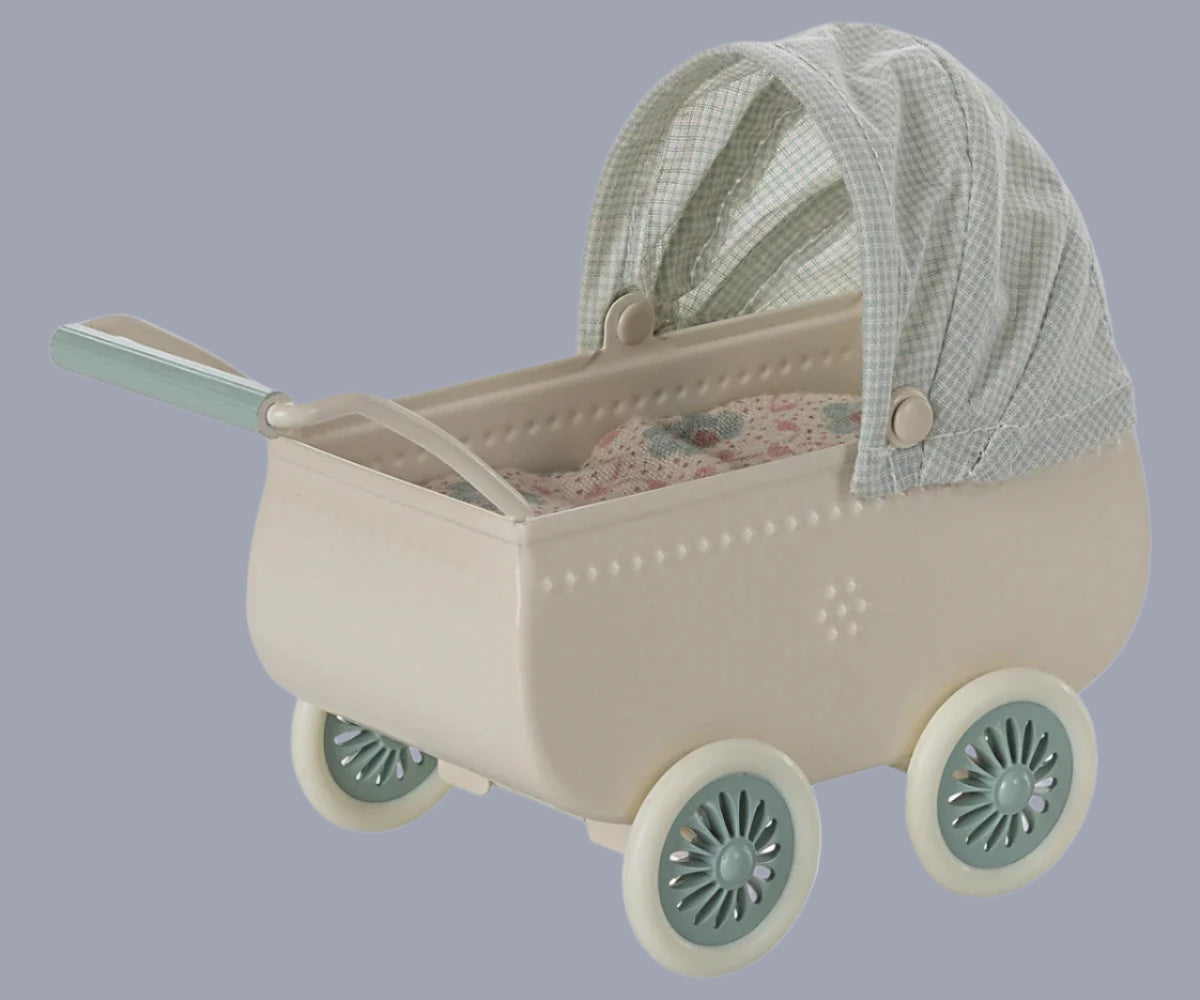 Maileg pram with baby mouse.