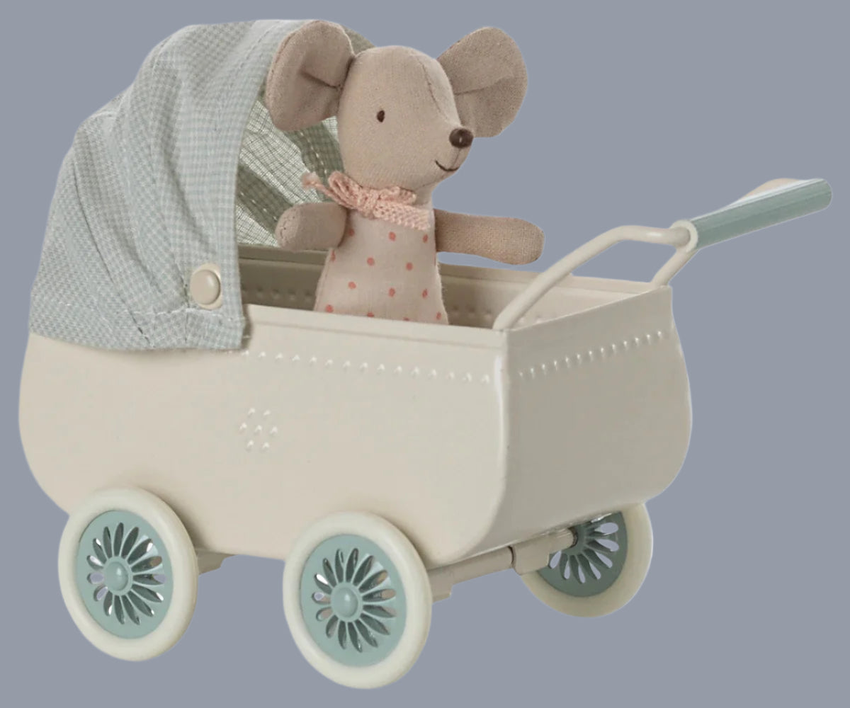 Maileg pram with baby mouse.