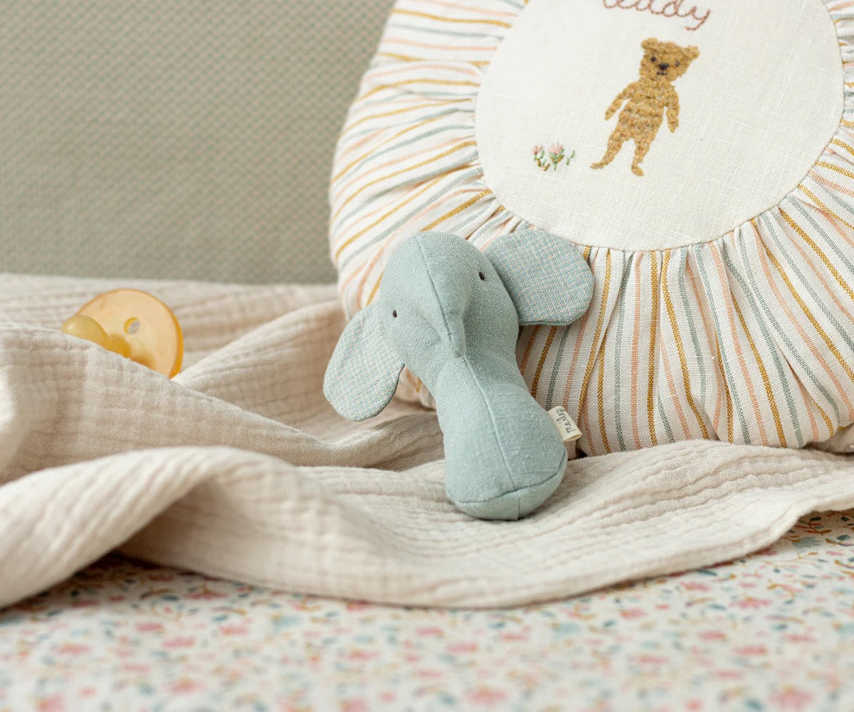 Maileg Lullaby Friends, Elephant rattle. Light dusty blue.