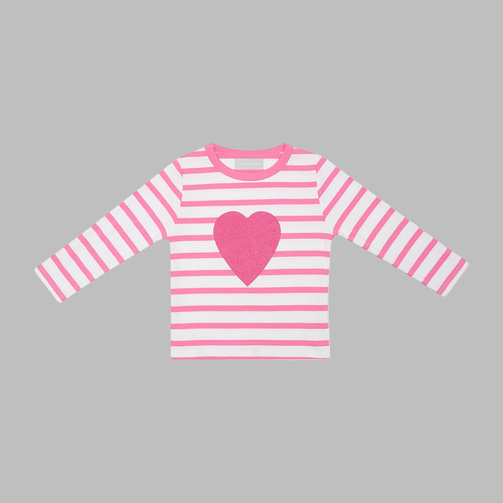 Hot Pink and White Breton Striped Love Heart T.Shirt.