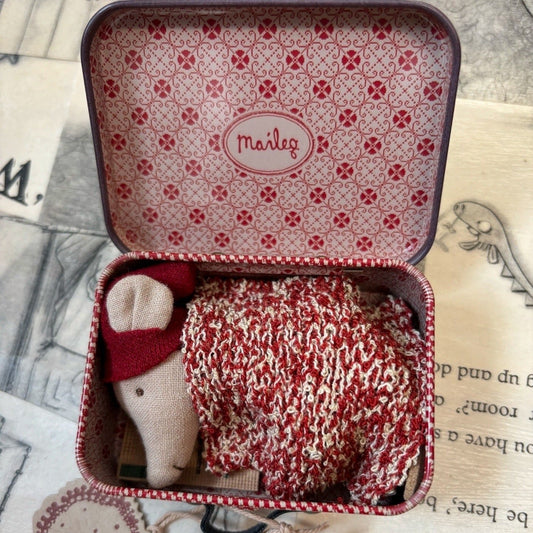 Maileg. Christmas Mouse Baby in suitcase