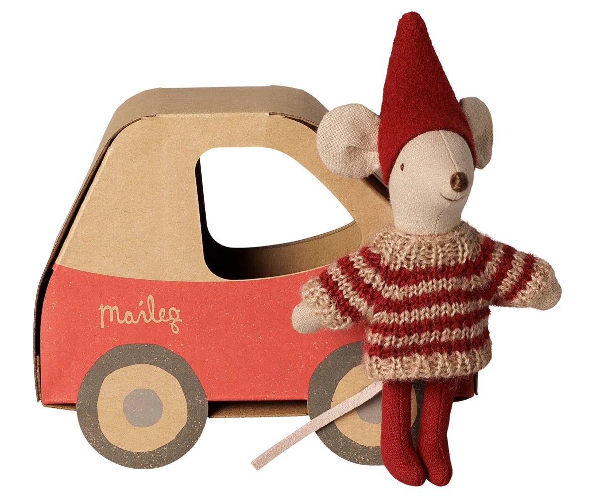Christmas Mouse. Little Sister in a Car Gift Box.