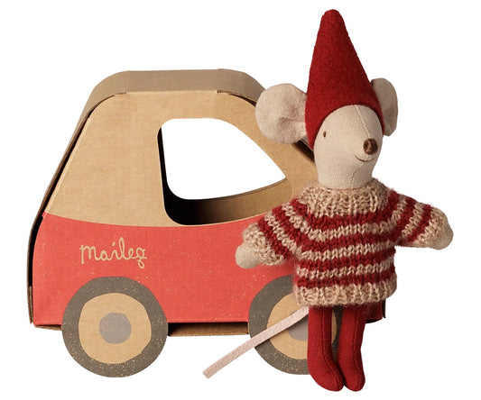 Christmas Mouse. Little Sister in a Car Gift Box.
