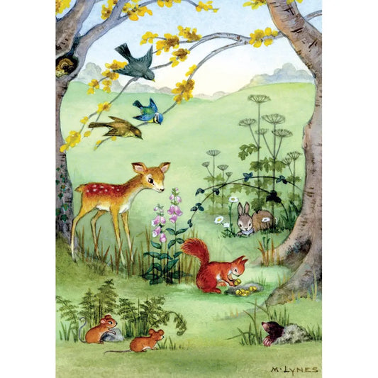 Squirrel with Nuts and Fawn - Margaret Lynes Postcard.