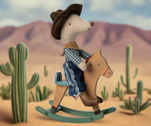 Maileg Cowboy Mouse on rocking horse. Little Brother.