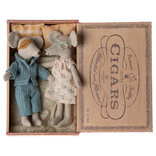 Maileg Mum and Dad Mouse in cigar box bed.