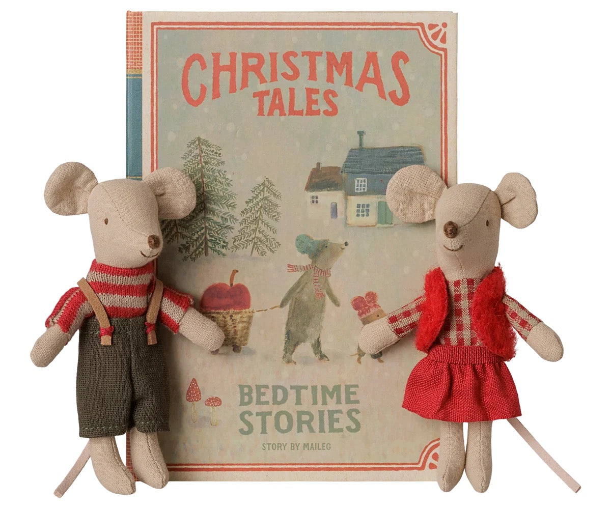 Maileg Christmas twins in book.