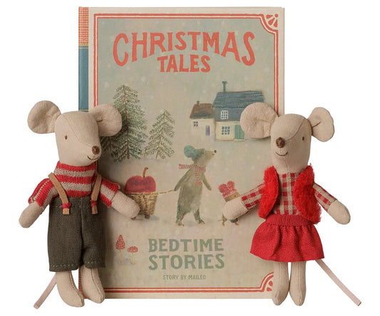Maileg Christmas twins in book.