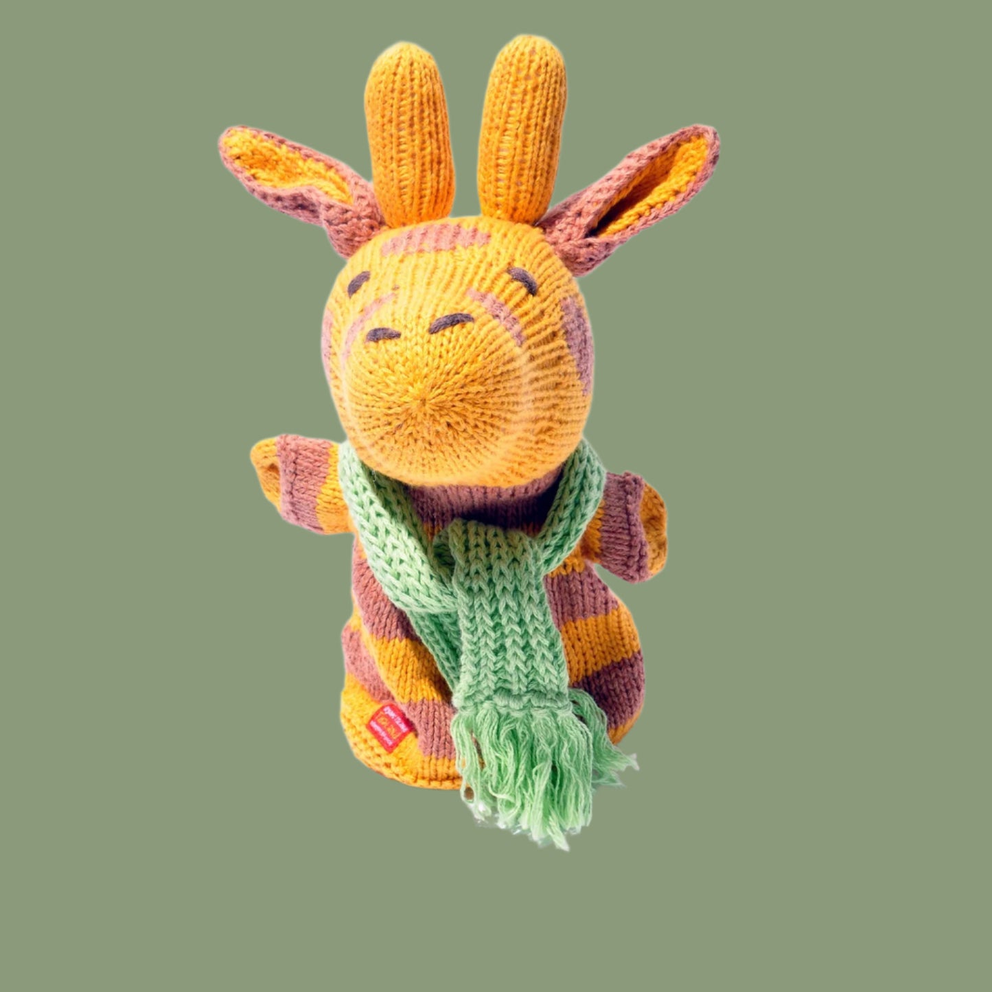 Hand Knitted Giraffe Hand Puppet in Organic Cotton.