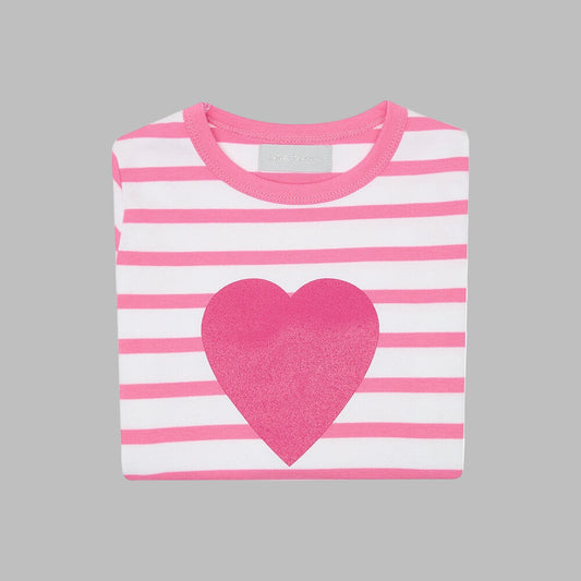 Hot Pink and White Breton Striped Love Heart T.Shirt.