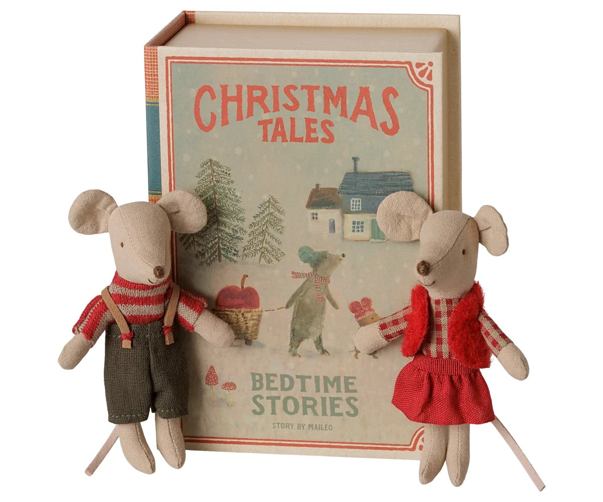 Maileg Christmas twins in book.