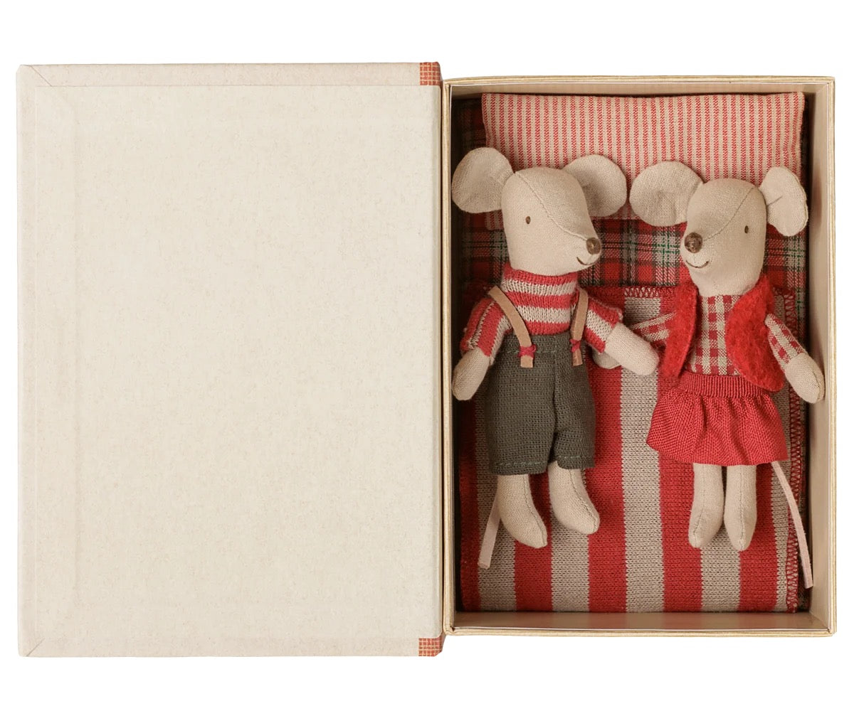 Maileg Christmas twins in book.