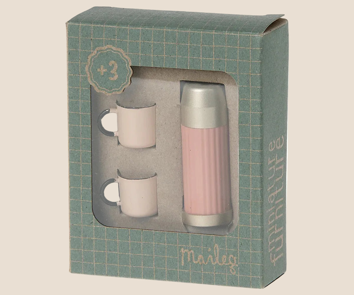 Maileg. Metal thermos flask and cups. Soft Coral.