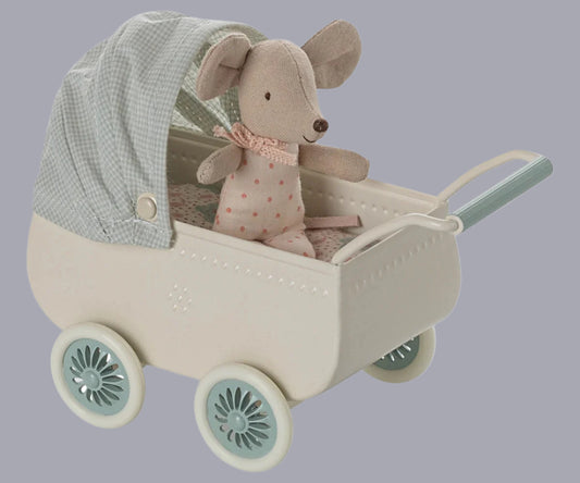 Maileg pram with baby mouse.