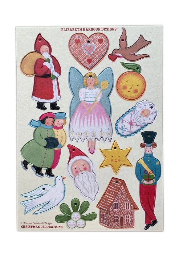 Set of 13 Die-Cut card, Press- out Christmas Decorations. Elizabeth Harbour Designs.