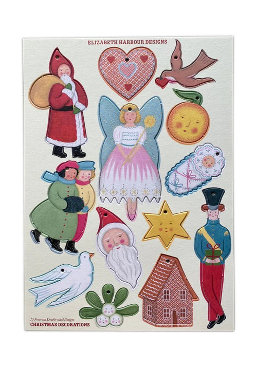 Set of 13 Die-Cut card, Press- out Christmas Decorations. Elizabeth Harbour Designs.