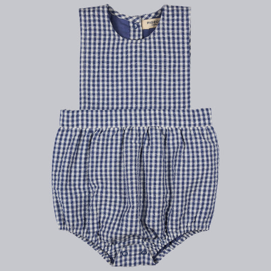 Bib Romper - seersucker check. Dusty Blue. 0-3 months.