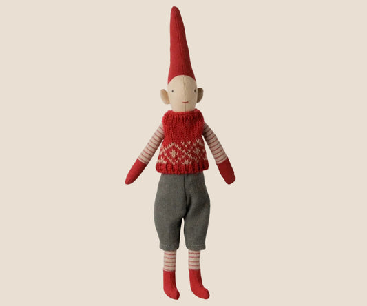 Maileg pixy - Size 1 Boy in a red knitted vest.