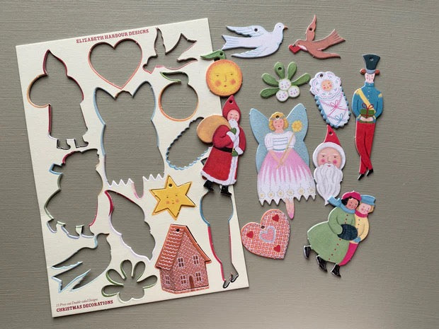 Set of 13 Die-Cut card, Press- out Christmas Decorations. Elizabeth Harbour Designs.