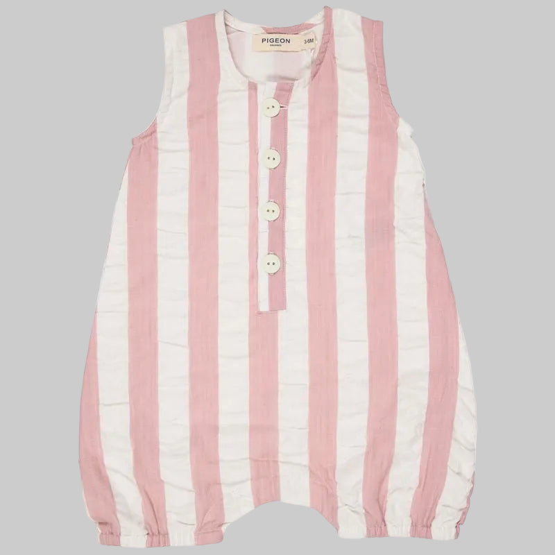 SS26 Baby-All-In-One. Seersucker, wide stripe. Pink.